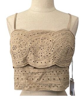 Jason Wu Tan Ruffled Embellished Crop Linen Eyelets Camisole 10